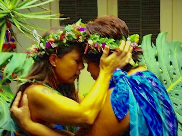 Kahu Pomaikai breathing her Ha or breath of life with her Kumu (teacher)